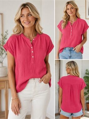 Quince Hot Pink Short Sleeve Button Henley Blouse